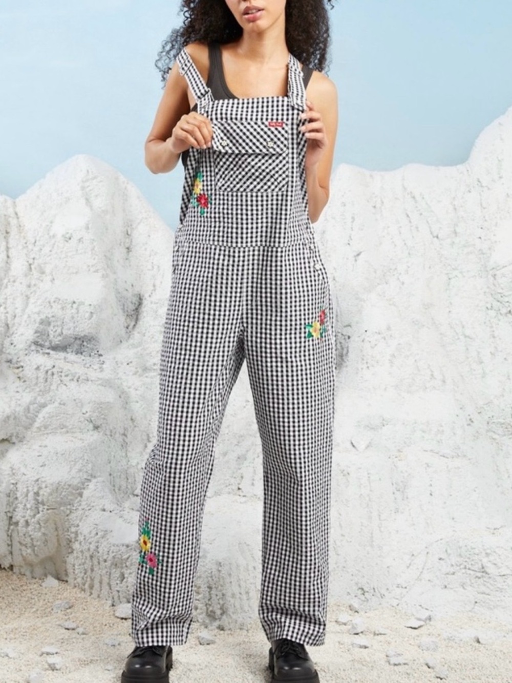 TEDDY FRESH Gingham Floral Embroidered Overalls Dungarees Black White Size M